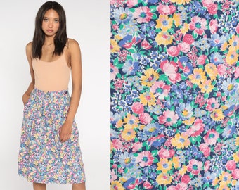 Floral Midi Skirt 80s Colorful Summer Skirt Boho Ditsy Print High Waisted Bright Skirt 1980s Cotton Blend Vintage Hippie Small Medium