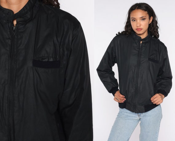 Black BOMBER Jacket 80s Windbreaker Cafe Racer Moto Epaulette Coat Vintage 1980s Lightweight 80s Sportswear Small S