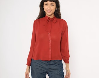 70s Bow Neck Blouse Rust Shirt Terra Cotta Pussy Bow Top Copper Long Sleeve Semi Sheer Vintage Feminine Office Formal Corporate Small S