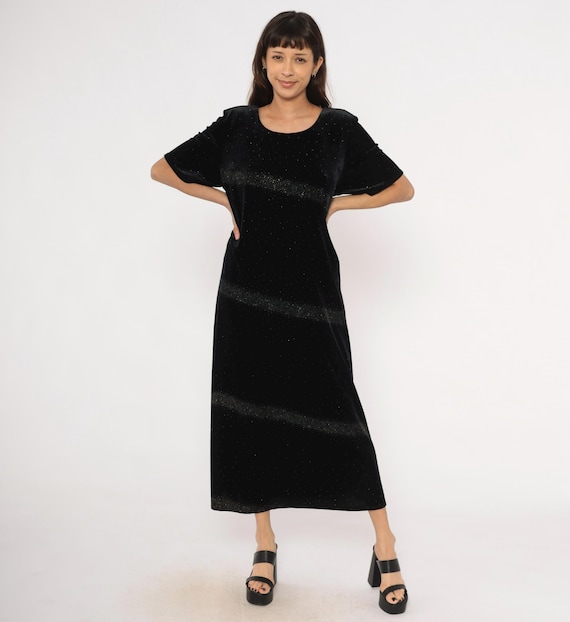 Glitter Velvet Maxi Dress Black Sparkle Short Sleeve Scoop Neck Ankle Length Column Gown 90s Evening Party Cocktail Shift Large L