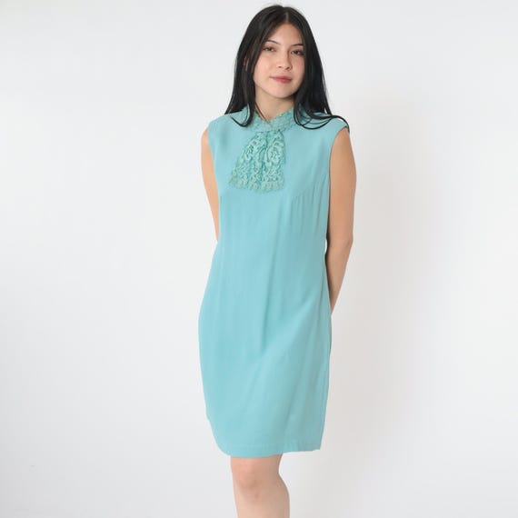 60s Mod Dress Blue Jabot Lace Collar Mini Dress Formal Party Cocktail Vintage 1960s Sleeveless Twiggy Shift Gogo Sixties Go Go Small Medium
