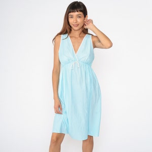 Aqua Blue Slip Dress 70s Nightgown Lingerie Midi Dress Pastel Chemise Deep V Neck Empire Waist Nightie Vintage 1970s Sleeveless Small Medium