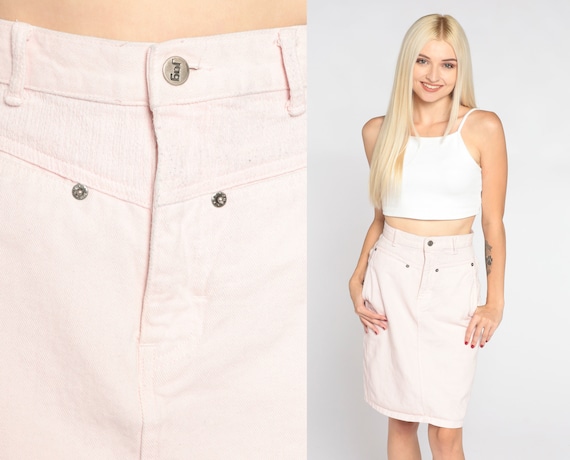 Pale Pink Jean Skirt 90s Denim Mini Skirt Retro High Waist Rise Pencil Pastel Streetwear Saved By The Bell Vintage 1990s Jag Extra Small xs