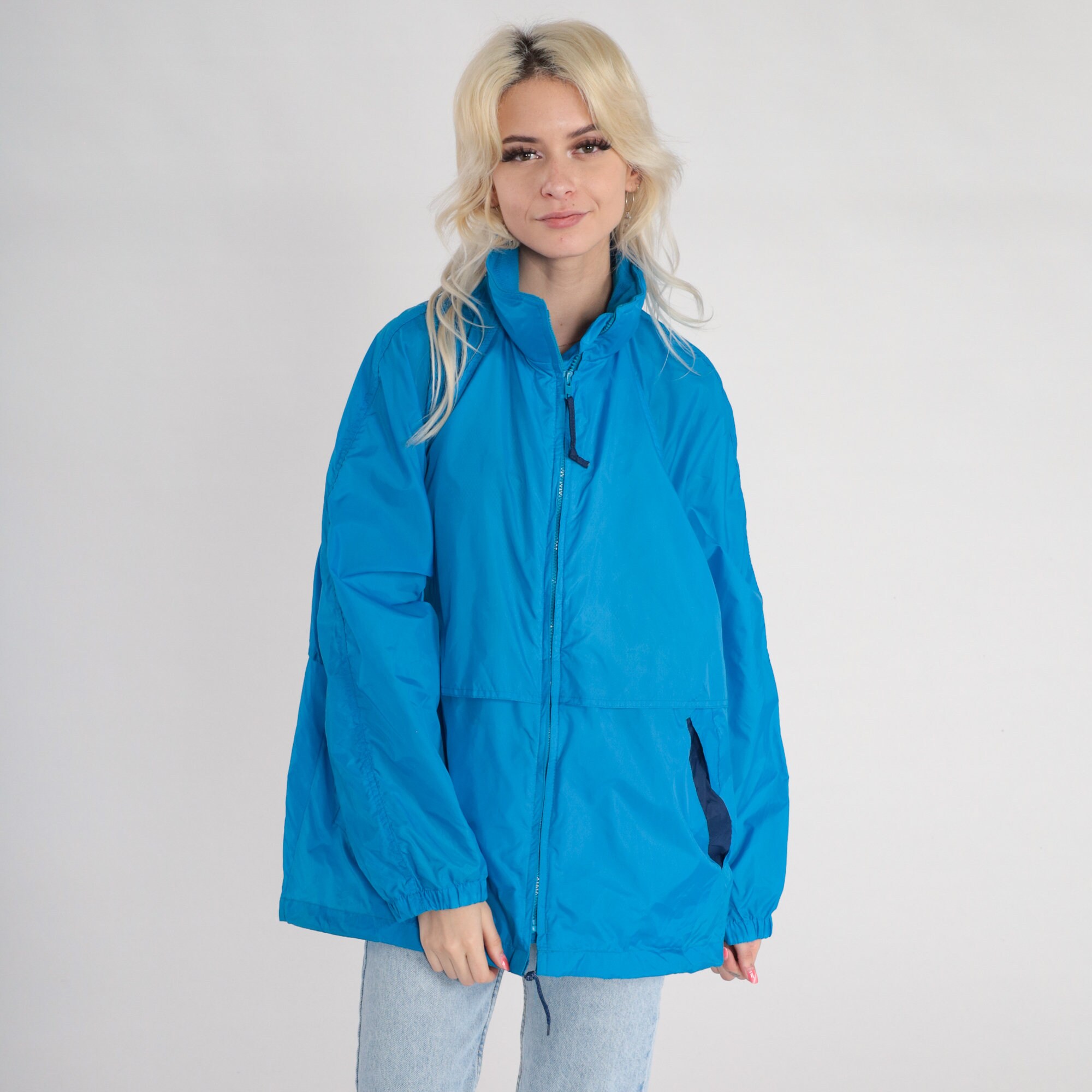 Blue Eddie Bauer Windbreaker 90s Zip up Jacket Hidden Hood