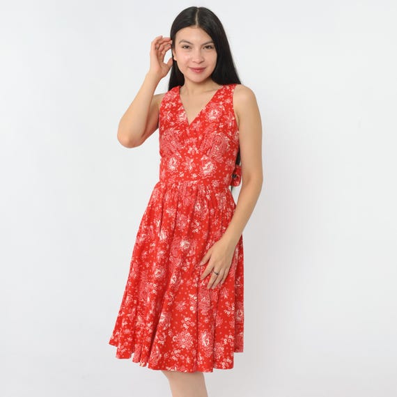 Vintage Red Floral Summer Dress 70s Boho Midi Retro Batik Style Bird Print High Waisted Sleeveless Sundress V Neck 1970s Extra Small xs