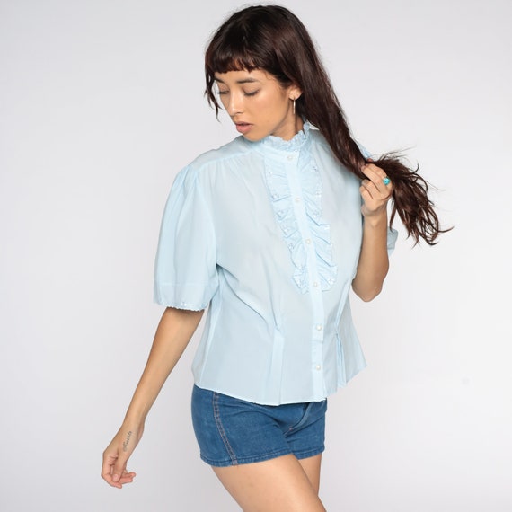 Blue Ruffle Blouse 80s TUXEDO Button Up Pastel Eyelet Gem