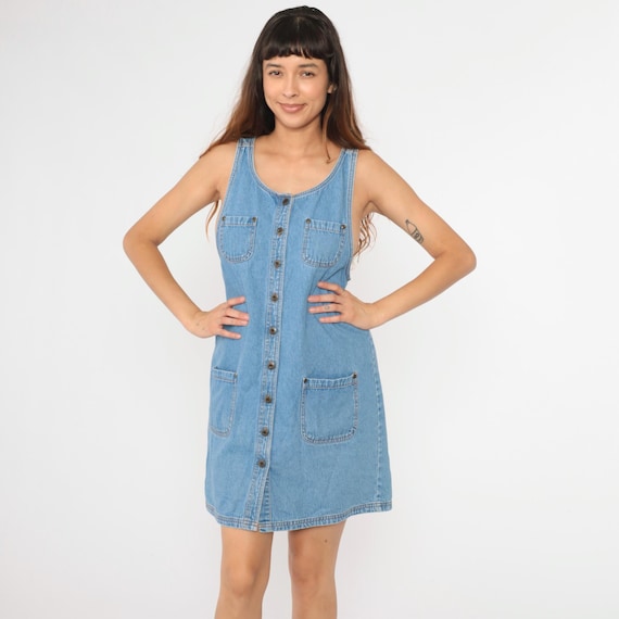 90s Denim Jumper Dress Button up Mini Dress Blue Jean Retro Scoop Neck Sleeveless Pinafore Dress Low Armhole Pocket Vintage 1990s Medium