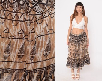 Geometric Broomstick Skirt 90s Brown Leaf Print Hippie Boho Skirt Midi Bohemian Vintage Festival Hippy Skirt 1990s Medium Large xl 2xl