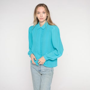 Blue Pleated Blouse 80s Secretary Top Long Puff Sleeve Collared Shirt Retro Boho Hidden Button Up Classic Basic Chic Vintage 1980s Medium 8 image 2