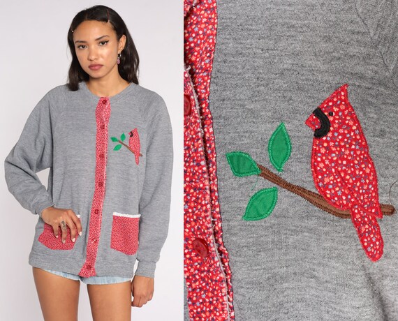 Cardinal Bird Sweatshirt 80s Cardigan 