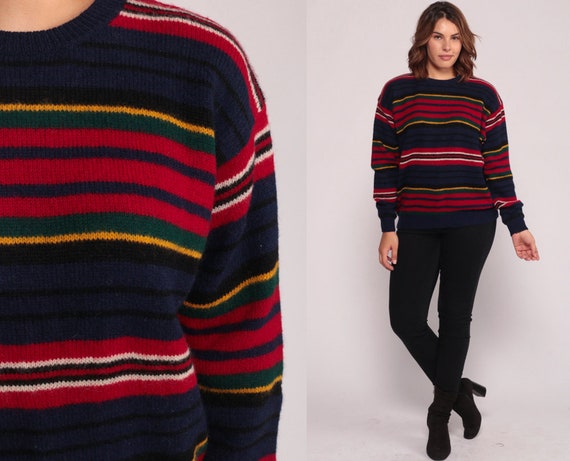 Striped Sweater WOOL Sweater 80s Slouch Grunge Knit Retro Blue Red Stripe Print 1980s Vintage Retro Large