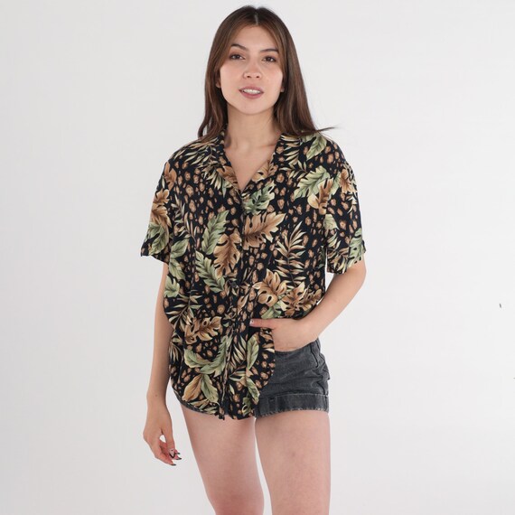Tropical Blouse 90s Button Up Shirt Black Leaf Animal Leopard Print Top Summer Short Sleeve Hawaiian Botanical Surfer Vintage 1990s Large L