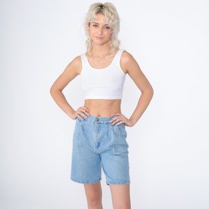 Pleated Jean Shorts 80s Denim Bermuda Shorts High Waisted Rise Knee Length Mom Shorts Retro Basic Elastic Waist Vintage 1980s Small S 26 28