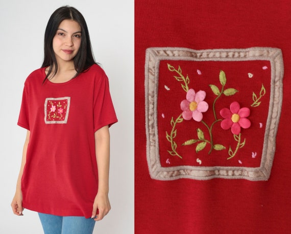 Floral T Shirt Y2K Embroidered Flower Tee Red Graphic Tshirt Short Sleeve TShirt Flower Shirt 00s Retro Botanical Vintage Extra Large xl