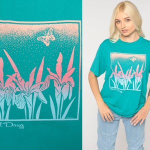 Floral T Shirt 80s Teal Butterfly Shirt Floral Tee Short Sleeve TShirt Flower Print Shirt 1980s Vintage Green Graphic Tee Crewneck Large L image 1