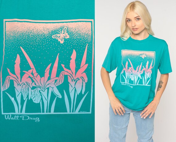 Floral T Shirt 80s Teal Butterfly Shirt Floral Tee Short Sleeve TShirt Flower Print Shirt 1980s Vintage Green Graphic Tee Crewneck Large L