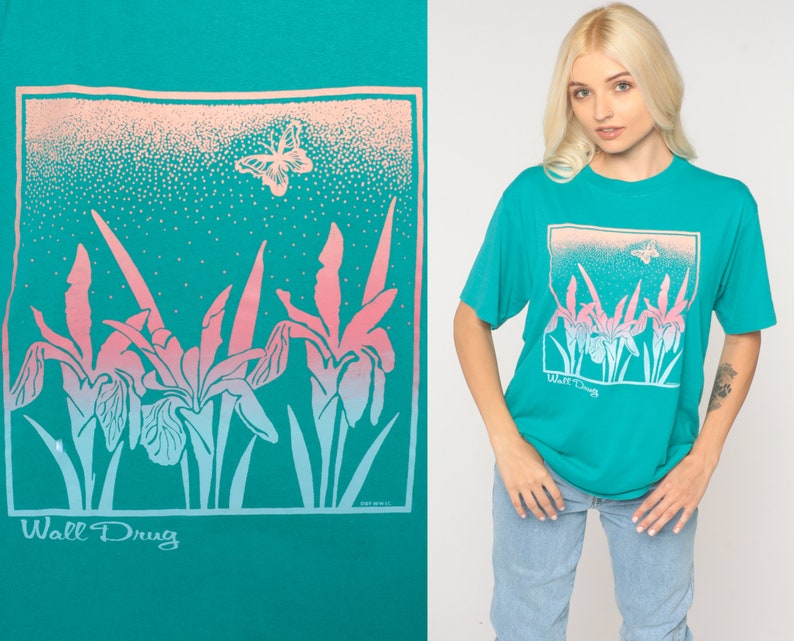 Floral T Shirt 80s Teal Butterfly Shirt Floral Tee Short Sleeve TShirt Flower Print Shirt 1980s Vintage Green Graphic Tee Crewneck Large L image 1
