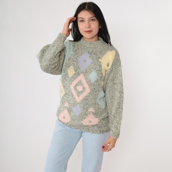 80s Geometric Sweater Vintage Mock Neck Pastel Diamond Knit Jumper Flecked Grey Pink Lavender 1980s Statement Pullover Retro Medium