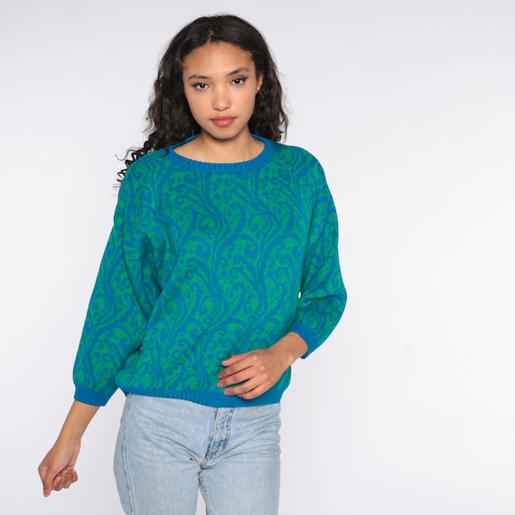 80s Sweater Green Vine Sweater Slouchy Sweater 1980s Pullover Vintage Retro Crewneck Ringer Sweater Blue Oversize Medium