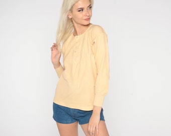 Thermal Shirt 80s Peach Long Sleeve Lined Henley Shirt Riverlon Button Up Tshirt Retro Tee Plain Simple Warm Layering Vintage 1980s Medium M