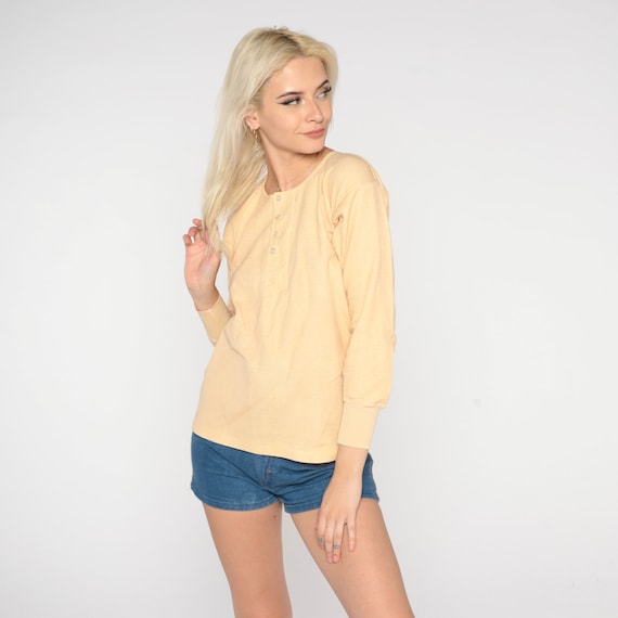 Thermal Shirt 80s Peach Long Sleeve Lined Henley Shirt Riverlon Button Up Tshirt Retro Tee Plain Simple Warm Layering Vintage 1980s Medium M