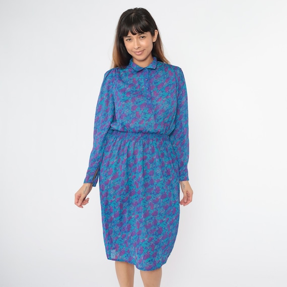 Vintage 80s Dress Abstract Leaf Print Puff Sleeve Midi Dress Turquoise Blue Button Up Dress Shirtdress High Elastic Waist 1980s Small S