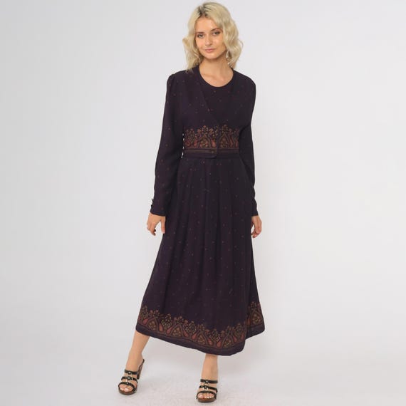 Dark Purple Maxi Dress Attached Vest Grunge Maxi Button Up Bohemian Vintage 90s  Long Sleeve Boho Paisley Border Print Tie Back Waist Small