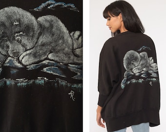 Baby Seal Cardigan Sweatshirt Black Hand Painted Shirt 80s Graphic Animal Sweatshirt 90s Vintage Open Front Small Medium Large