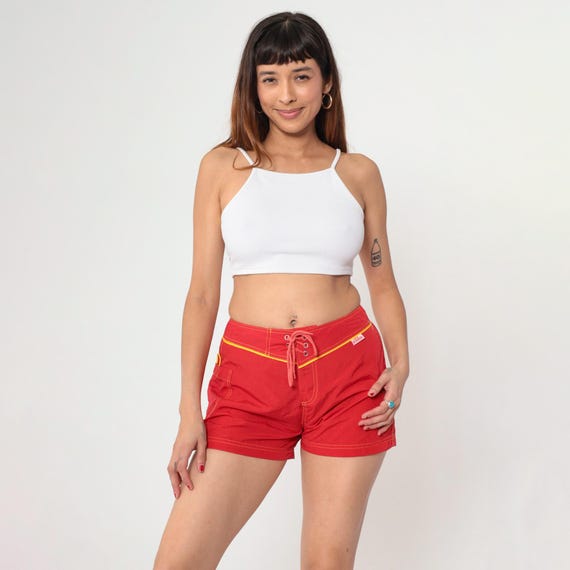 Y2K Red Board Shorts Women's Vintage Nylon Swim Trunks Beach Bathing Suit Bottoms Retro Surfer Drawstring Waist 00s Small Medium