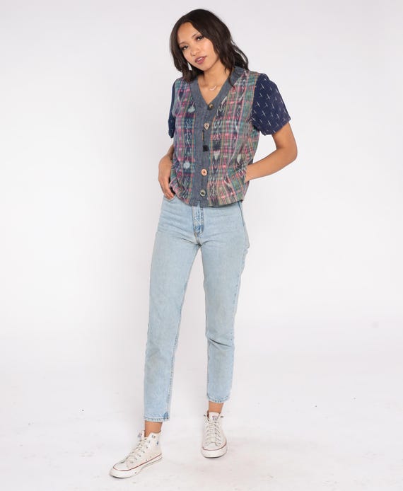 Patchwork Button Up 90s Ikat Print Navy Chambray … - image 4