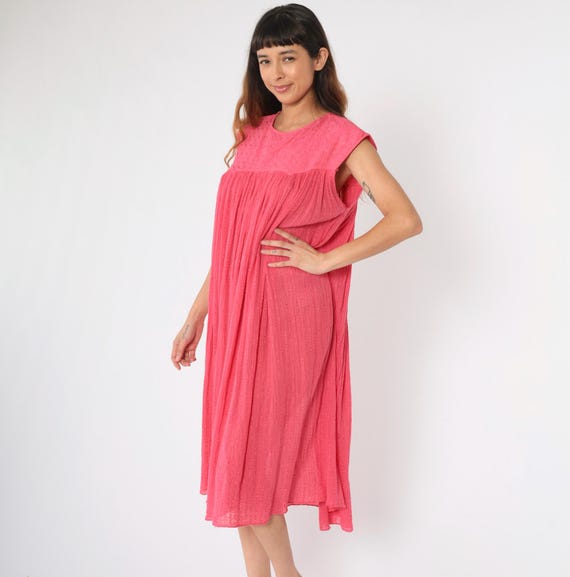 Vintage Pink Gauze Dress Tent Dress Bohemian Dress 80s Midi Trapeze Floral Embroidered Sundress Hippie Boho Summer OS Small Medium Large