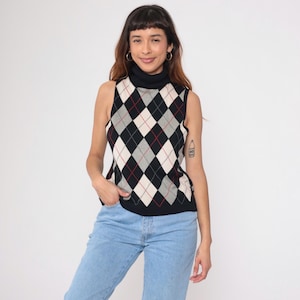 Vintage Ralph Lauren Argyle Sweater Vest 00s Silk Cashmere Blend Sleeveless Turtleneck Knit Black Cream Red Y2K Golf Preppy Large L