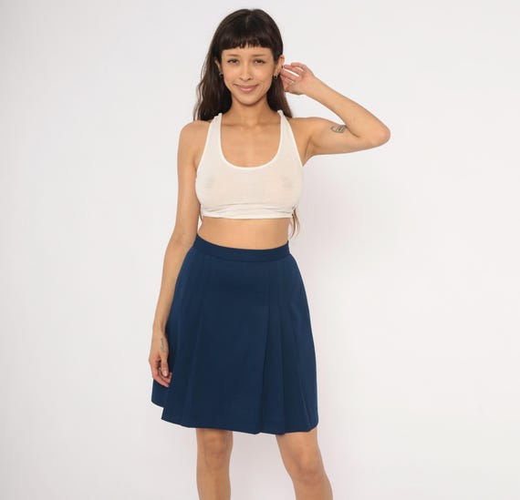 70s Navy Pleated Skirt Blue Flared High Waist Collegiate Preppy Academic Style Uniform Vintage Waistband Dark Academia Small S