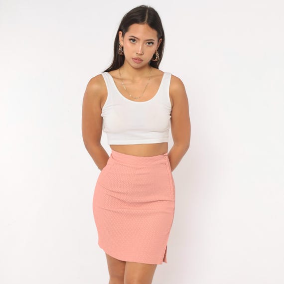 80s Peach Mini Skirt Pink High Waist Pencil Fitted Honeycomb Waffle Texture Back Zip  Coquette Balletcore Party Skirt Vintage Extra Small XS
