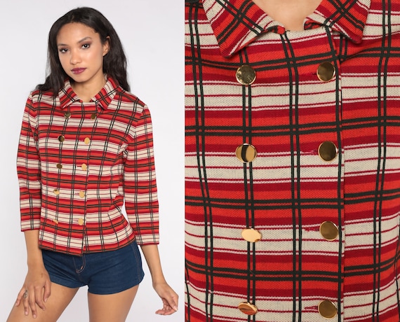 60s Plaid Jacket Orange Red Wool Jacket 60s Mod Checkered Print Cropped Preppy Jacket Mad Men Jackie O Jacket Vintage Button Up Crop Small