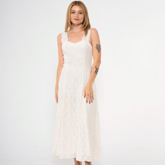 Vintage White Lace Dress 90s Sweetheart Neckline Ankle Length Maxi Grunge Dress Floral 1990s Bohemian Party Sleeveless Formal Drape Small S