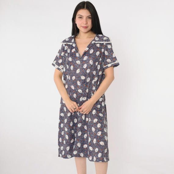 Vintage 70s Leaf Print Dress Blue Abstract Flower Print Day Dress Short Sleeve Loose Shift Collared V Neck Summer Boho 1970s Large xl