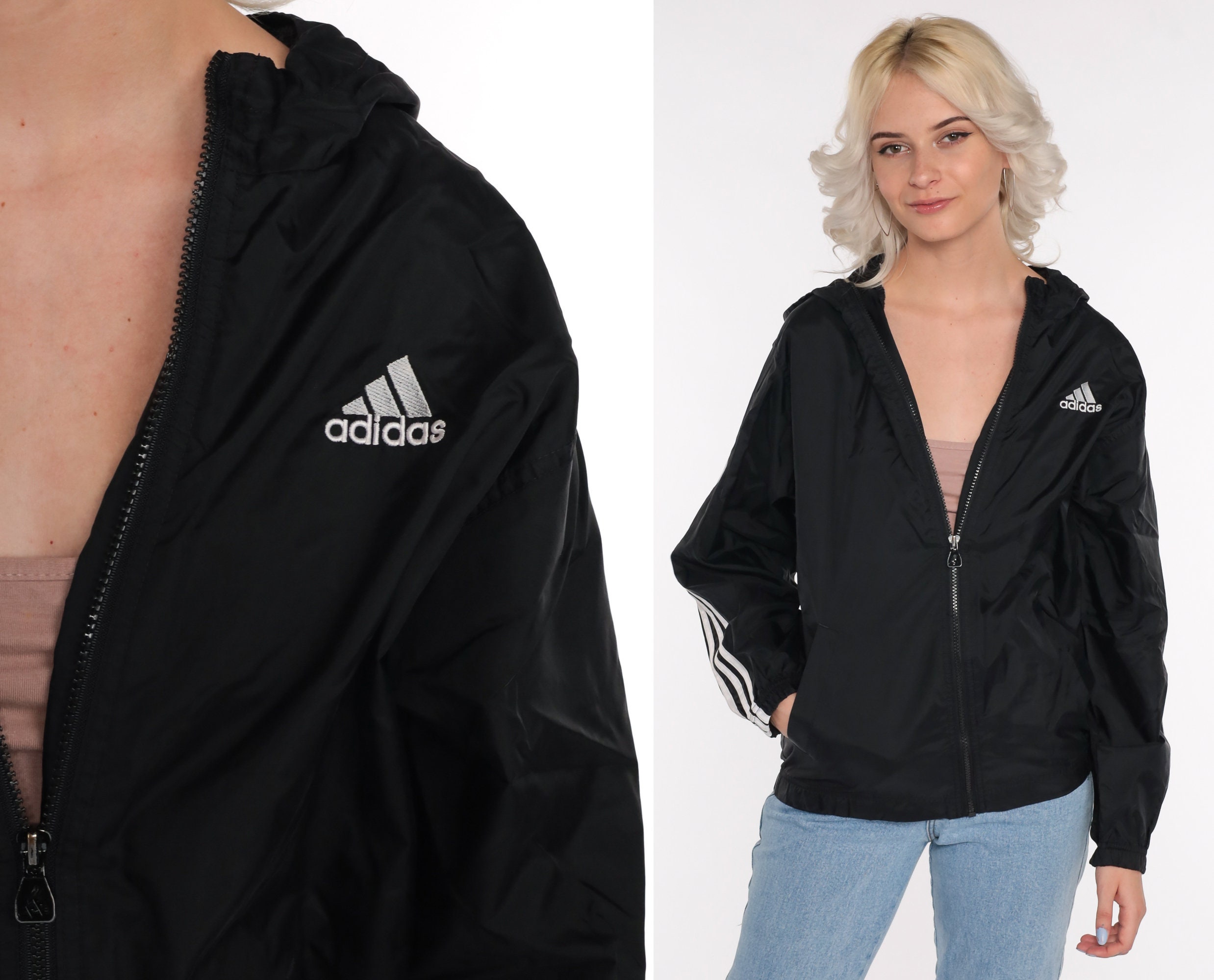 ADIDAS Hooded Jacket 90s Black Hood Coat Nylon Striped - Etsy Israel