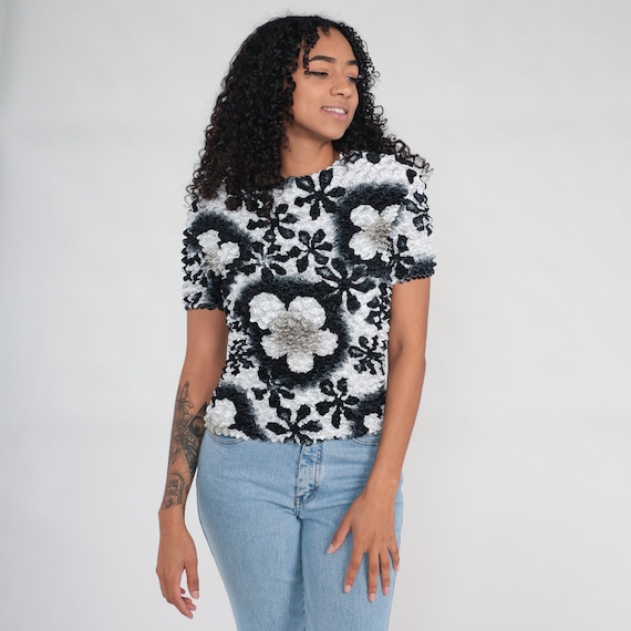 Floral Popcorn Shirt Y2K Black White Textured Blouse Short Sleeve Magic Bubble Top Summer Vintage 00s Small Medium Large