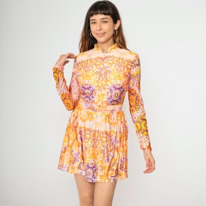 Vintage Psychedelic Mini Dress 60s Mod Pink Orange Purple Floral Baroque Print 70s Mandarin Collar Long Sleeve Mod Dress 1960s Gogo Small S