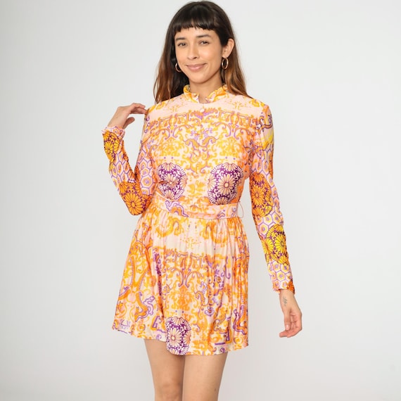 Vintage Psychedelic Mini Dress 60s Mod Pink Orange Purple Floral Baroque Print 70s Mandarin Collar Long Sleeve Mod Dress 1960s Gogo Small S