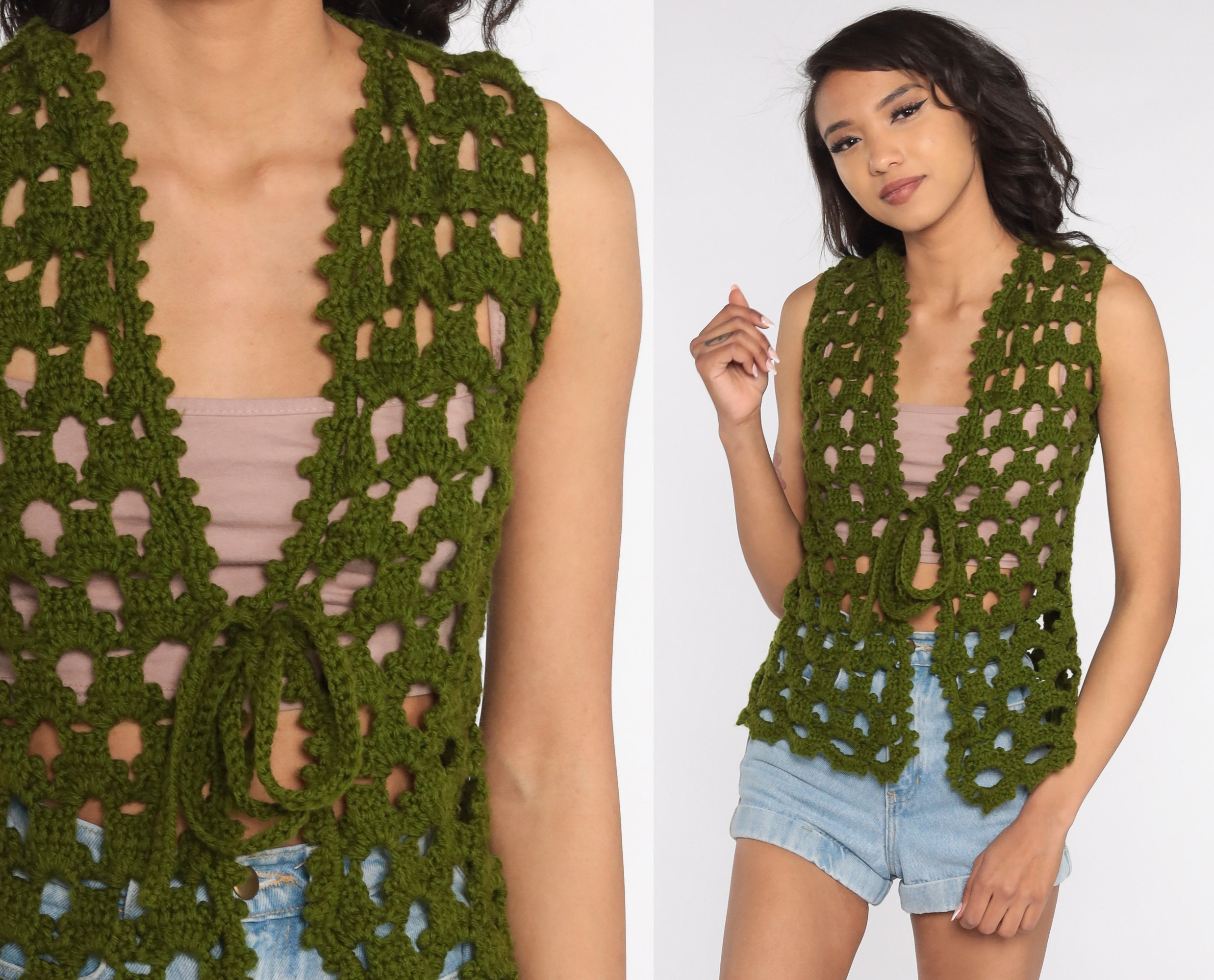 Crochet Vest Olive Green Knit Top 70s 