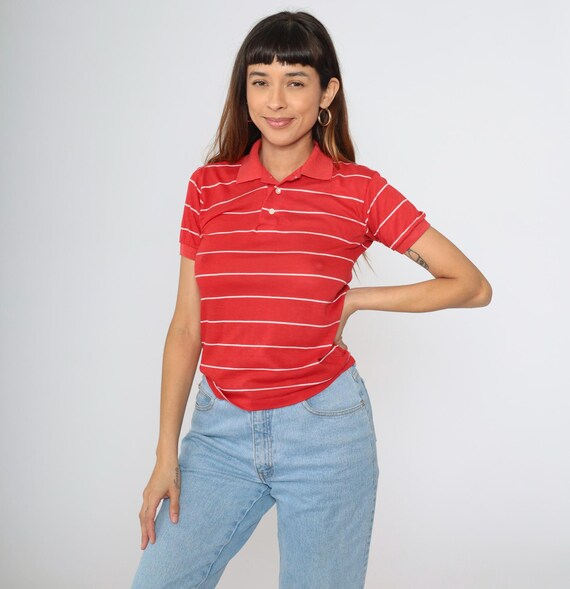 Vintage Red Polo Shirt 80s Striped Shirt Half Button Up Shirt Retro Tshirt Collared Red White 1980s Nerd Geek Short Sleeve Youth 16