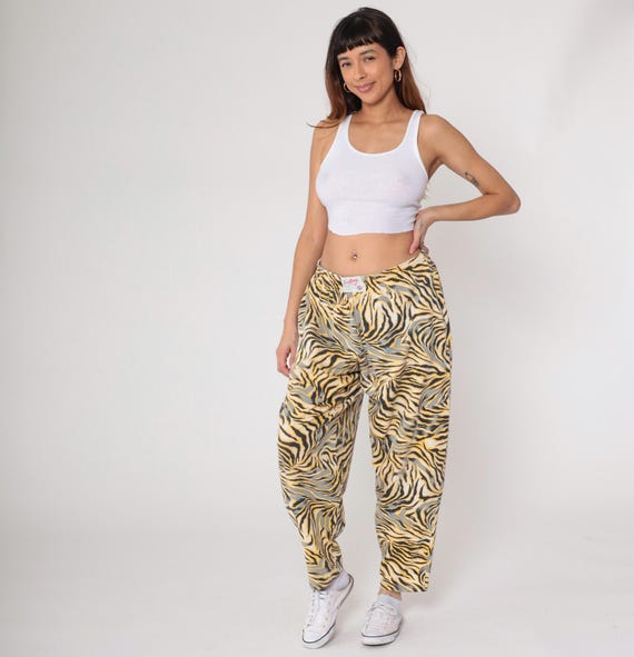 90s Tiger Print Pants Yellow Gold Black Gray Abstract Swirl Animal Pattern Baggy Elastic Waist High Rise Streetwear Vintage Fit Large L