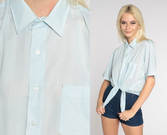 Light Blue Shirt 70s Button Up Shirt Retro Preppy… - image 1