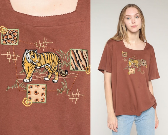 Tiger Shirt 90s Embroidered Animal Print Top Brown Wildlife Big Cat Blouse Retro Short Sleeve Square Neck Scalloped Vintage 1990s Large L