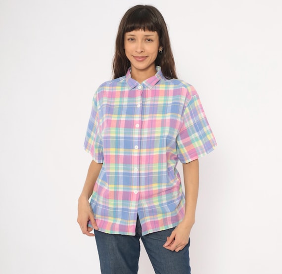 Pastel Madras Plaid Shirt 80s Button Front Blouse Pink Lavender Blue Yellow Cotton Top Summer Preppy Colorful Check Pattern Vintage Large L