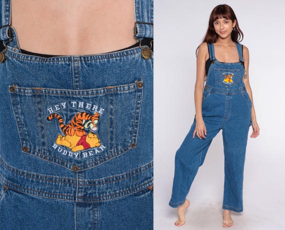 Winnie Pooh Overalls 90s "Hey There Buddy Bear" Disney Blue Denim Cotton Embroidered Character Vintage Dungarees Wide Leg Medium M