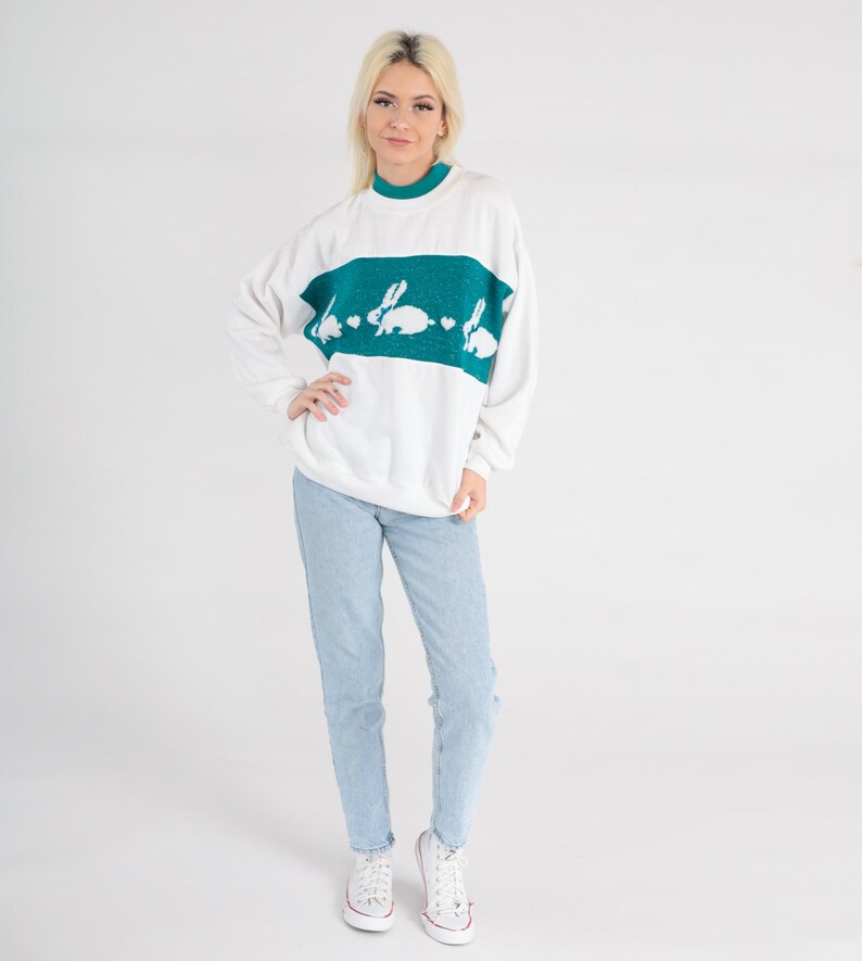 Kanintröja Metallisk kanintröja 80-90-tal Vit blågrön djurtröja Hjärtringad dubbelkrage Grafisk skjorta Kawaii Vintage Stor bild 4