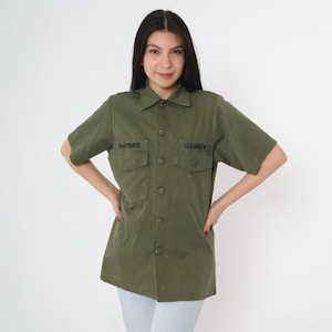 Vintage Military Shirt 60s 70s U.S. Navy Olive Green Utility Button Up Short Sleeve Cotton Twill Workwear Vietnam Era Small 14 1/2 x 31